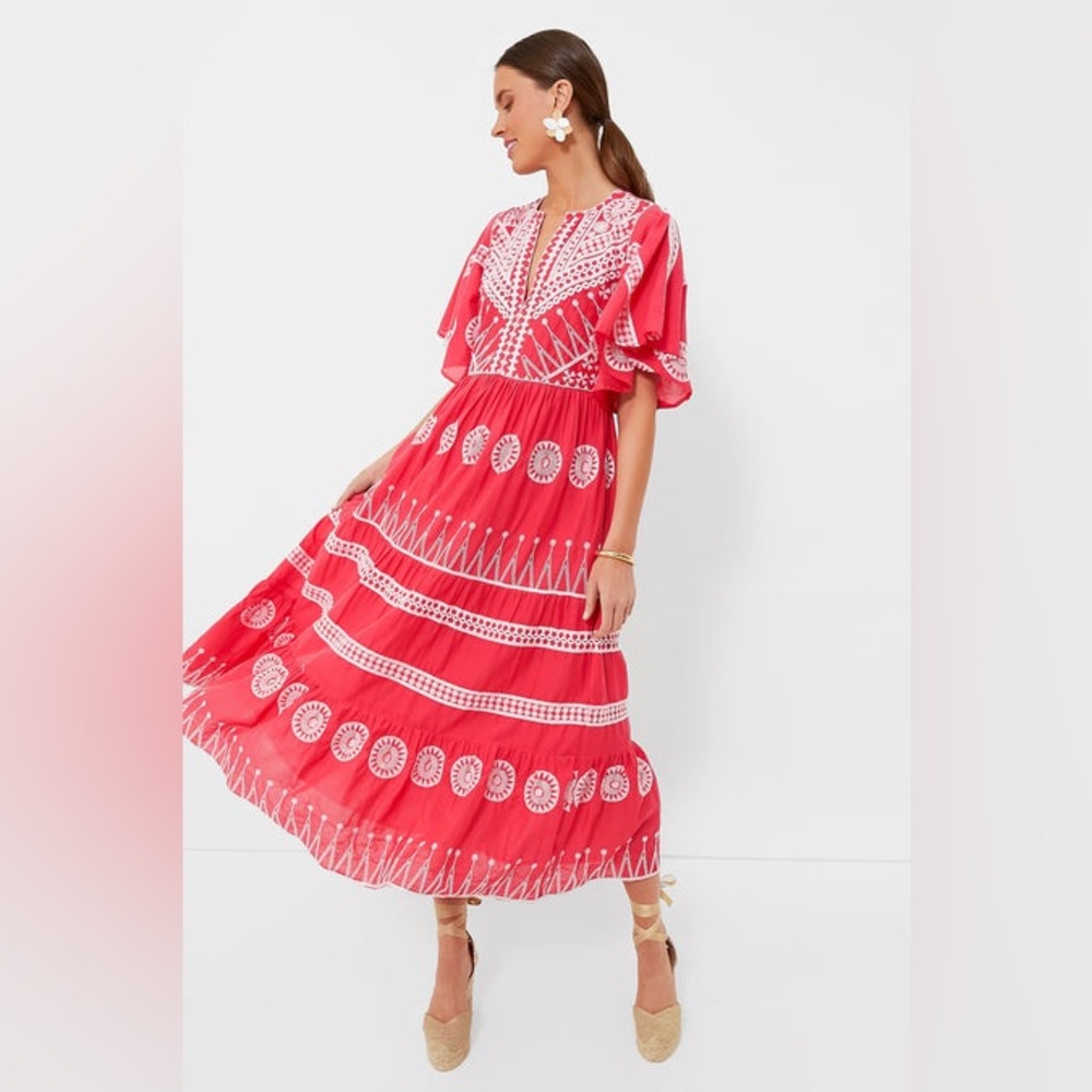 Oliphant Soleil Red Embroidered Maxi Dress M - Picture 5 of 14